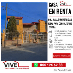 CASA EN RENTA COLONIA VALLE UNIVERSIDAD